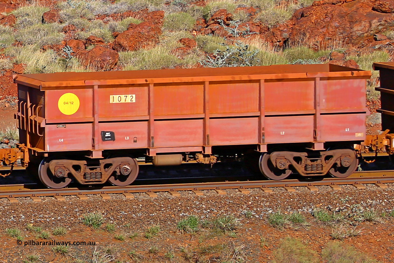 1072 180616 1708
Robe River ore waggon 1072, built by Bradken Rail Qld in April 2012, rotary coupler end non-handbrake side empty view, at the 38 km, Harding on the Cape Lambert line, June 16, 2018.
Keywords: 1072;Bradken-Rail-Qld;Robe-ore-waggon;
