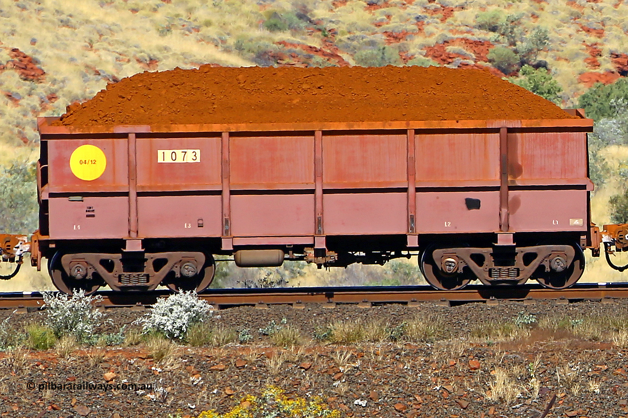 1073 170728 09924
Robe River ore waggon 1073, built by Bradken Rail Qld in April 2012, non-handbrake side loaded view at the 72 km, Western Creek on the Deepdale line. July 28, 2017.
Keywords: 1073;Bradken-Rail-Qld;Robe-ore-waggon;