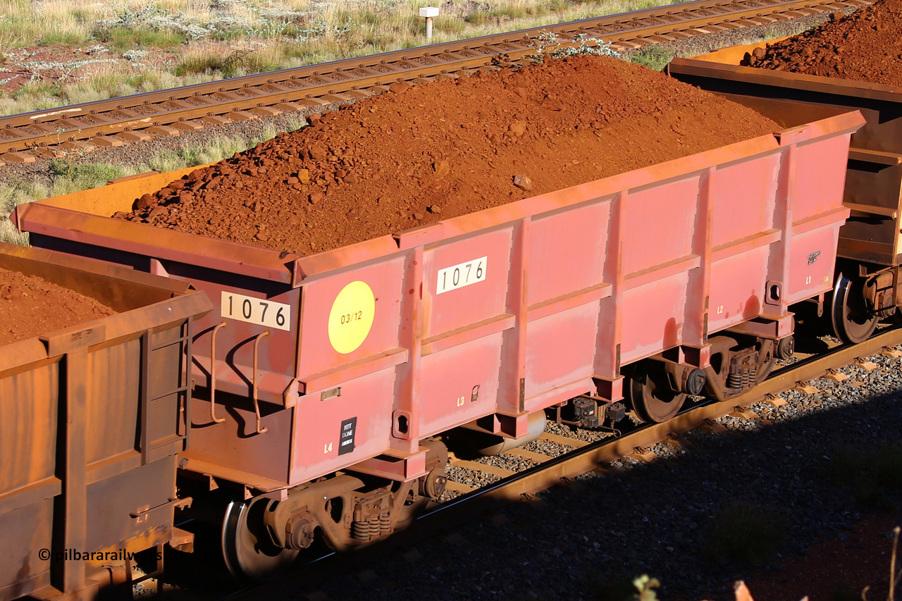 1076 210322 9789
Robe River ore waggon 1076, built by Bradken Rail Qld in March 2012, rotary coupler end non-handbrake side loaded view, at the 17 km on the Cape Lambert line, March 22, 2021.
Keywords: 1076;Bradken-Rail-Qld;Robe-ore-waggon;