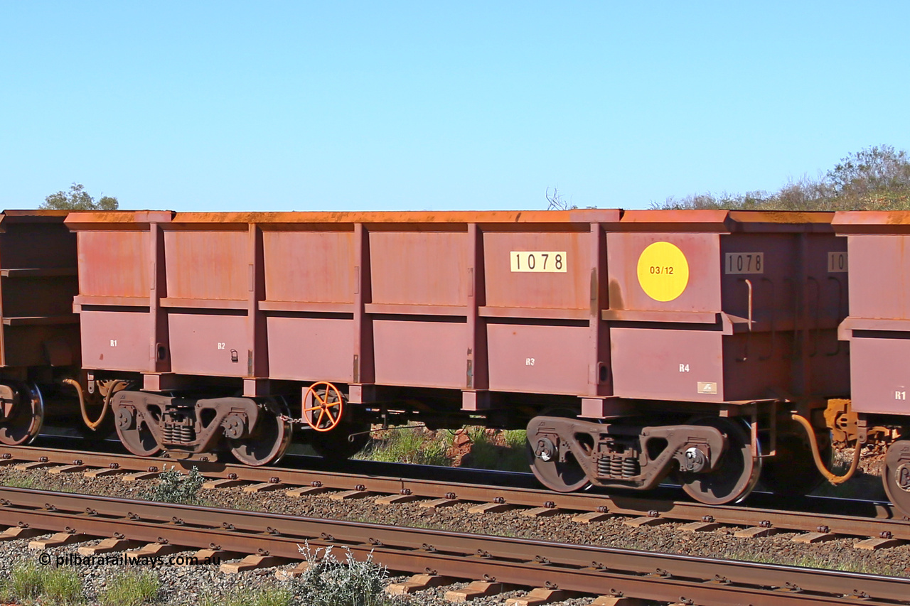 1078 160727 0955
Robe River ore waggon 1078, built by Bradken Rail Qld in March 2012, rotary coupler end handbrake side empty view at Harding Siding on the Cape Lambert line, July 27, 2016.
Keywords: 1078;Bradken-Rail-Qld;Robe-ore-waggon;