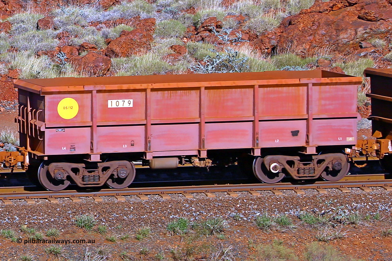 1079 180616 1706
Robe River ore waggon 1079, built by Bradken Rail Qld in May 2012, rotary coupler end non-handbrake side empty view, at the 38 km, Harding on the Cape Lambert line, June 16, 2018.
Keywords: 1079;Bradken-Rail-Qld;Robe-ore-waggon;