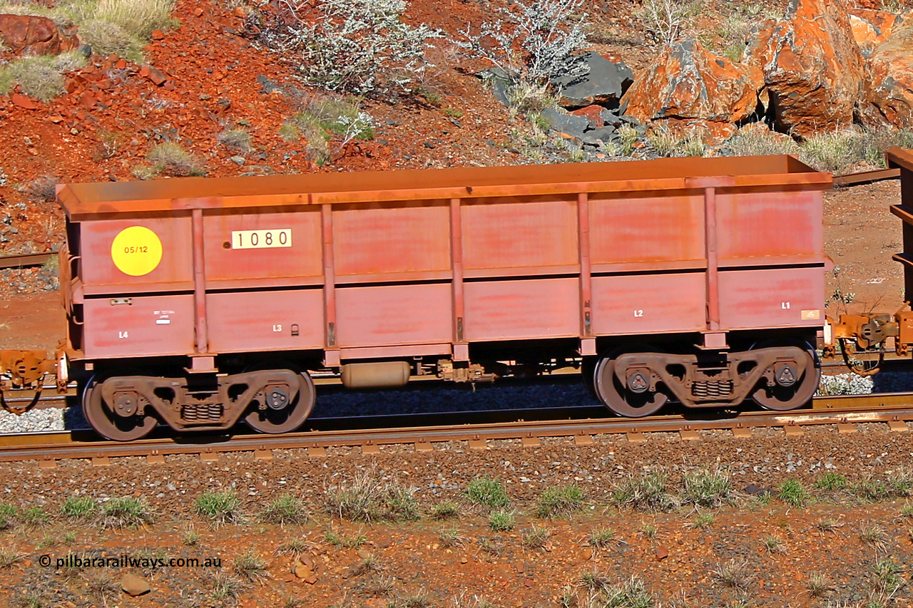 1080 180616 1739
Robe River ore waggon 1080, built by Bradken Rail Qld in May 2012, rotary coupler end non-handbrake side empty view, at the 38 km, Harding on the Cape Lambert line, June 16, 2018.
Keywords: 1080;Bradken-Rail-Qld;Robe-ore-waggon;