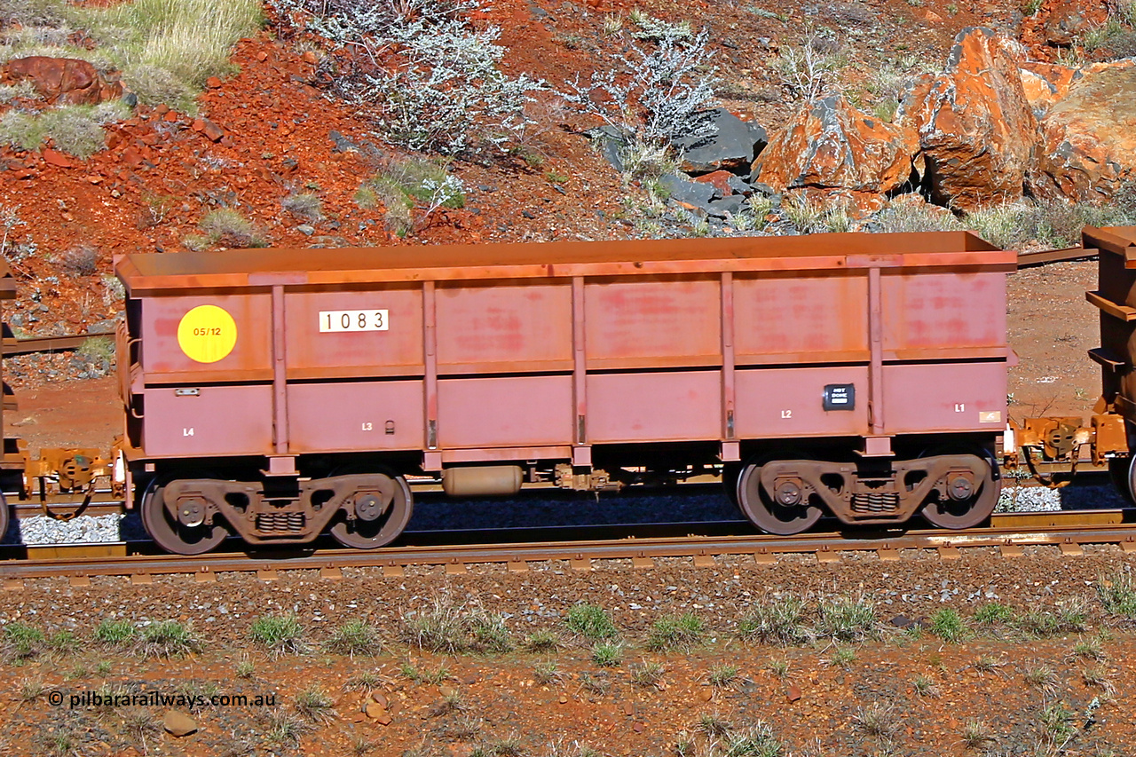 1083 180616 1734
Robe River ore waggon 1083, built by Bradken Rail Qld in May 2012, rotary coupler end non-handbrake side empty view, at the 38 km, Harding on the Cape Lambert line, June 16, 2018.
Keywords: 1083;Bradken-Rail-Qld;Robe-ore-waggon;