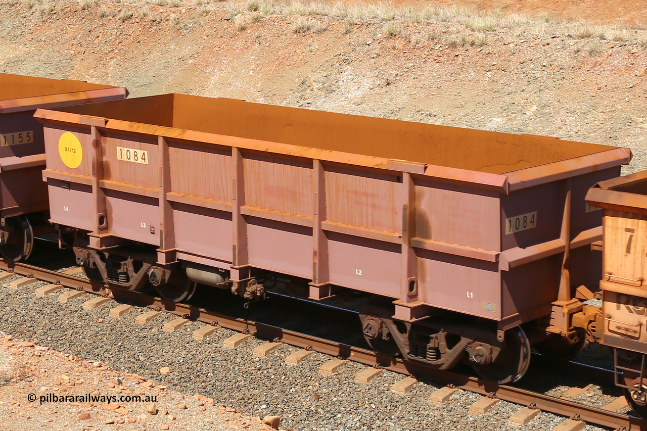 1084 160306 1284
Robe River ore waggon 1084, built by Bradken Rail Qld in April 2012, fixed coupler non-handbrake side empty view at Greenpool on the Cape Lambert line. March 6, 2016.
Keywords: 1084;Bradken-Rail-Qld;Robe-ore-waggon;