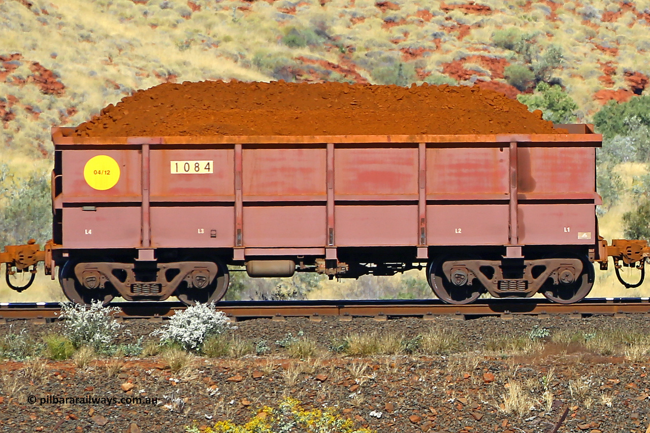 1084 170728 09913
Robe River ore waggon 1084, built by Bradken Rail Qld in April 2012, non-handbrake side loaded view at the 72 km, Western Creek on the Deepdale line. July 28, 2017.
Keywords: 1084;Bradken-Rail-Qld;Robe-ore-waggon;