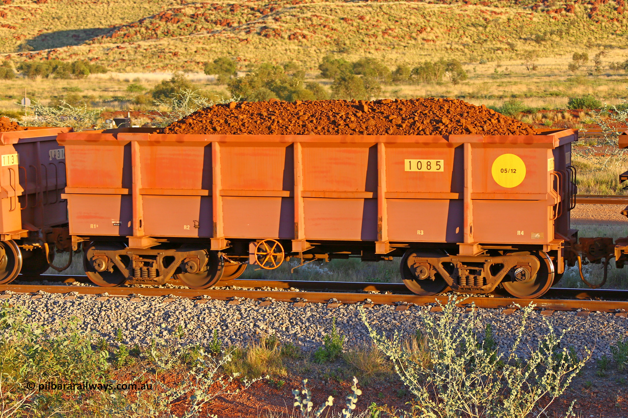 1085 170513 8648
Robe River ore waggon 1085, built by Bradken Rail Qld in May 2012, rotary coupler end handbrake side loaded view, Cape Lambert yard, May 13, 2017.
Keywords: 1085;Bradken-Rail-Qld;Robe-ore-waggon;