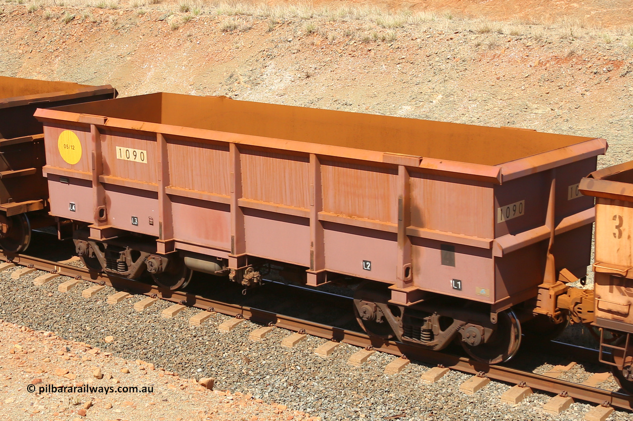 1090 160306 1292
Robe River ore waggon 1090, built by Bradken Rail Qld in May 2012, fixed coupler non-handbrake side empty view at Greenpool on the Cape Lambert line. March 6, 2016.
Keywords: 1090;Bradken-Rail-Qld;Robe-ore-waggon;