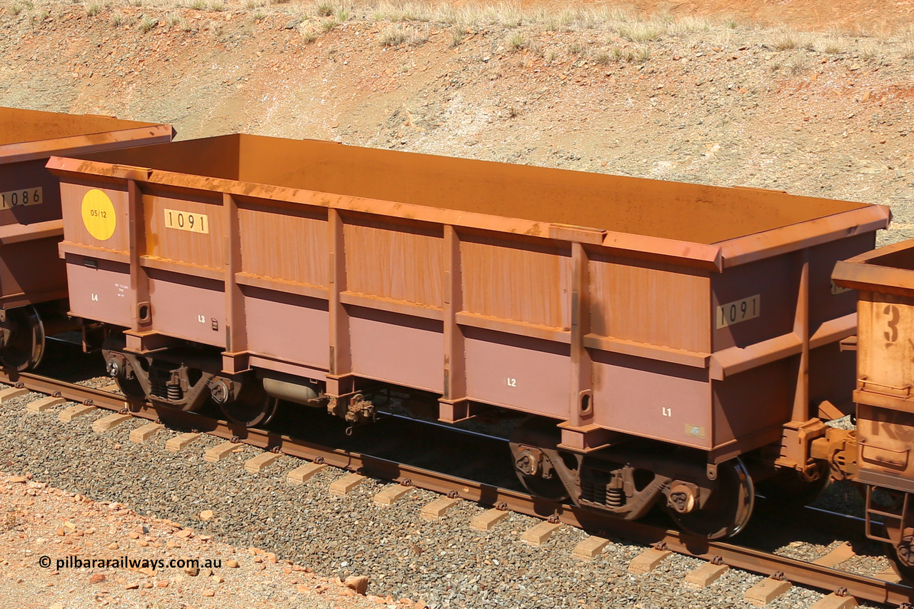 1091 160306 1307
Robe River ore waggon 1084, built by Bradken Rail Qld in May 2012, fixed coupler non-handbrake side empty view at Greenpool on the Cape Lambert line. March 6, 2016.
Keywords: 1091;Bradken-Rail-Qld;Robe-ore-waggon;