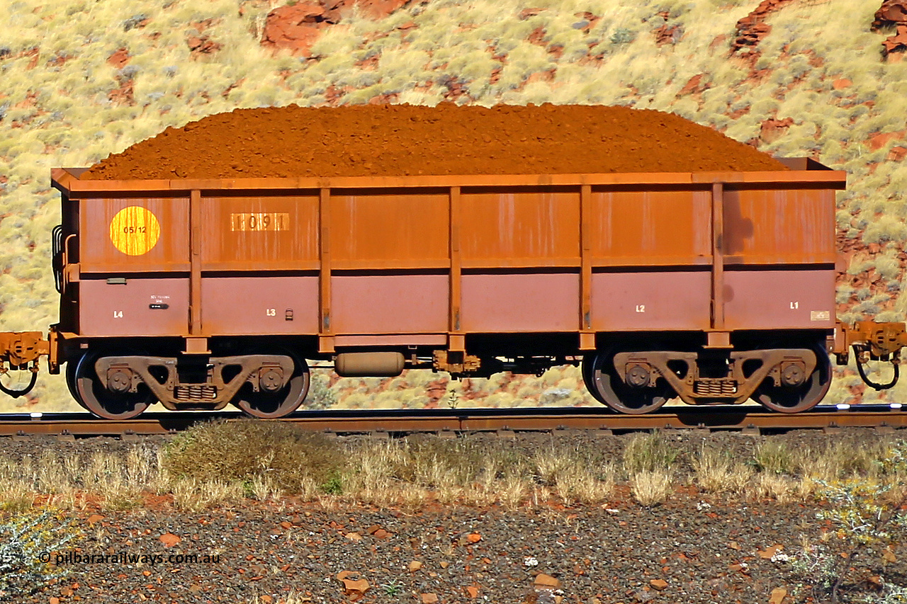 1091 170728 09938
Robe River ore waggon 1091, built by Bradken Rail Qld in May 2012, non-handbrake side loaded view at the 72 km, Western Creek on the Deepdale line. July 28, 2017.
Keywords: 1091;Bradken-Rail-Qld;Robe-ore-waggon;