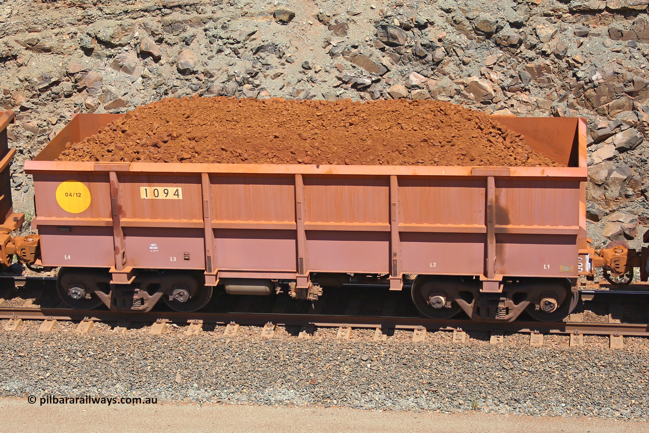 1094 160306 1524
Robe River ore waggon 1094, built by Bradken Rail Qld in April 2012, fixed coupler non-handbrake side loaded view, at the 45 km, Harding Siding on the Cape Lambert line. March 6, 2016.
Keywords: 1094;Bradken-Rail-Qld;Robe-ore-waggon;