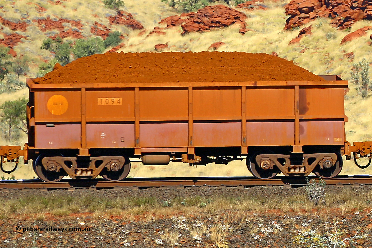 1094 170728 09938
Robe River ore waggon 1094, built by Bradken Rail Qld in April 2012, non-handbrake side loaded view at the 72 km, Western Creek on the Deepdale line. July 28, 2017.
Keywords: 1094;Bradken-Rail-Qld;Robe-ore-waggon;