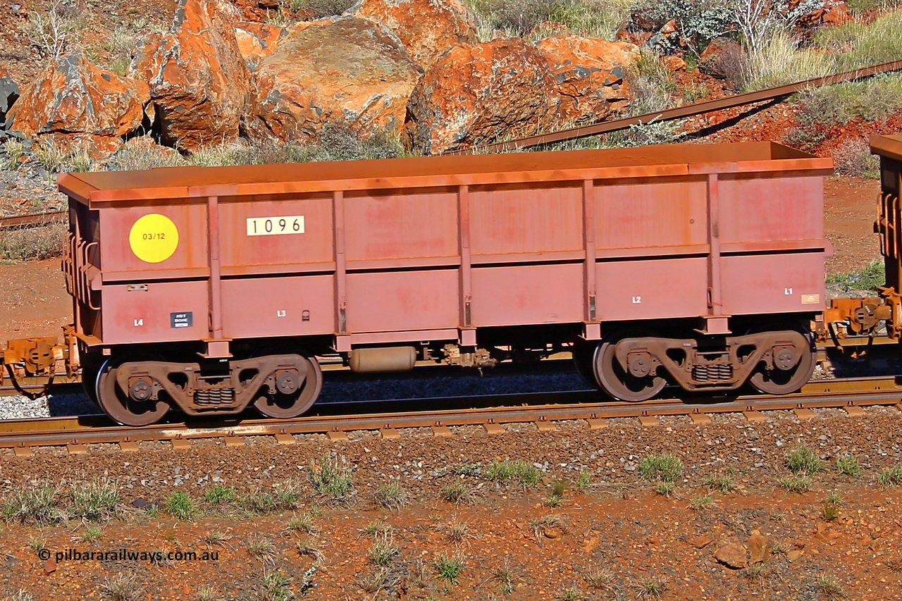 1096 180616 1731
Robe River ore waggon 1094, built by Bradken Rail Qld in March 2012, rotary coupler end non-handbrake side empty view, at the 38 km, Harding on the Cape Lambert line, June 16, 2018.
Keywords: 1096;Bradken-Rail-Qld;Robe-ore-waggon;