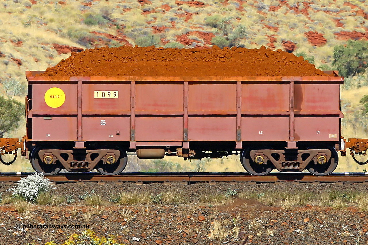 1099 170728 09919
Robe River ore waggon 1099, built by Bradken Rail Qld in March 2012, non-handbrake side loaded view at the 72 km, Western Creek on the Deepdale line. July 28, 2017.
Keywords: 1099;Bradken-Rail-Qld;Robe-ore-waggon;