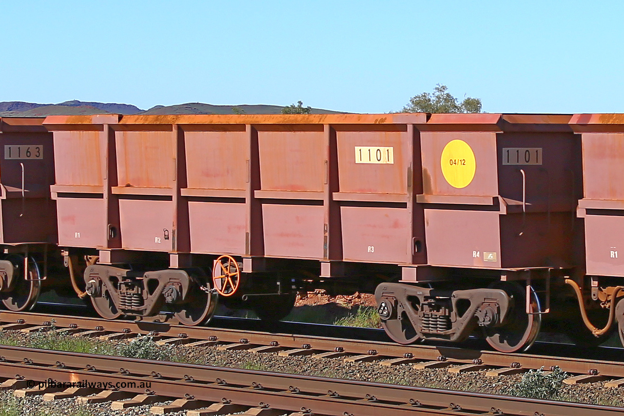 1101 160727 0956
Robe River ore waggon 1101, built by Bradken Rail Qld in April 2012, rotary coupler end handbrake side empty view at Harding Siding on the Cape Lambert line, July 27, 2016.
Keywords: 1101;Bradken-Rail-Qld;Robe-ore-waggon;