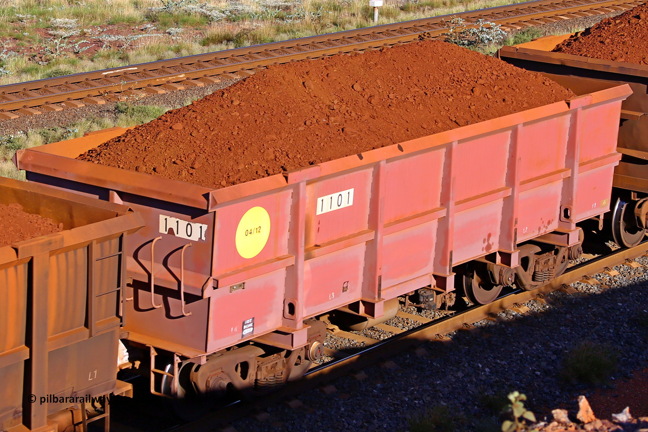 1101 210322 9745
Robe River ore waggon 1101, built by Bradken Rail Qld in April 2012, rotary coupler end non-handbrake side loaded view, at the 17 km on the Cape Lambert line, March 22, 2021.
Keywords: 1101;Bradken-Rail-Qld;Robe-ore-waggon;