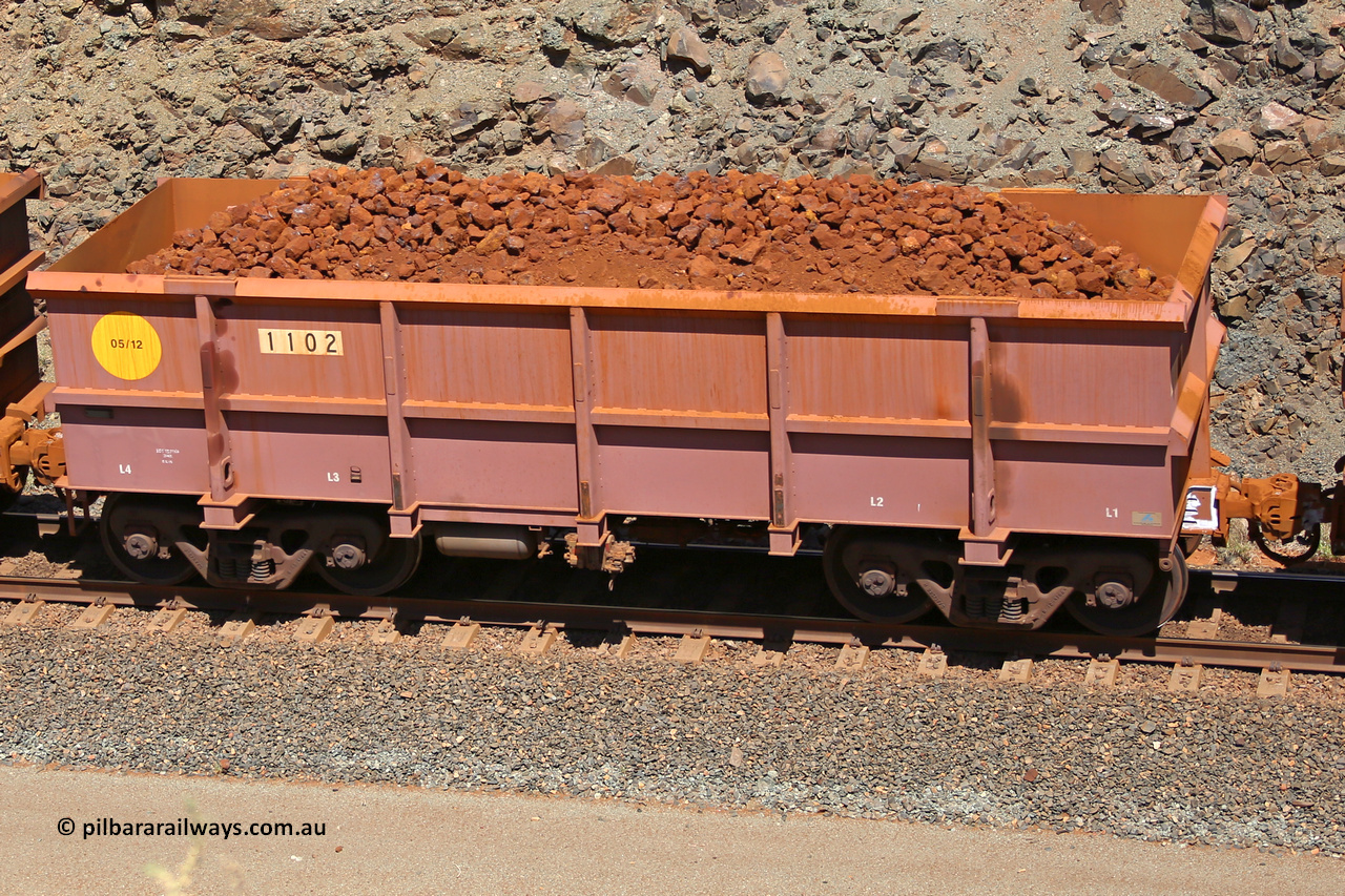 1102 160306 1671
Robe River ore waggon 1102, built by Bradken Rail Qld in May 2012, fixed coupler non-handbrake side loaded view, at the 45 km, Harding Siding on the Cape Lambert line. March 6, 2016.
Keywords: 1102;Bradken-Rail-Qld;Robe-ore-waggon;