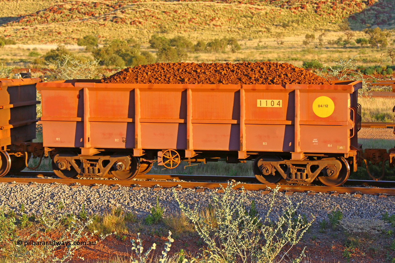 1104 170513 8677
Robe River ore waggon 1104, built by Bradken Rail Qld in April 2012, rotary coupler end handbrake side loaded view, Cape Lambert yard, May 13, 2017.
Keywords: 1104;Bradken-Rail-Qld;Robe-ore-waggon;