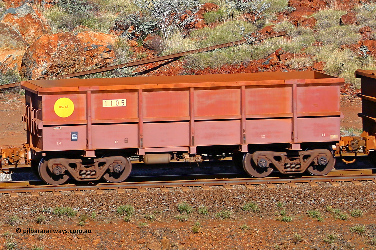 1105 180616 1735
Robe River ore waggon 1105, built by Bradken Rail Qld in May 2012, rotary coupler end non-handbrake side empty view, at the 38 km, Harding on the Cape Lambert line, June 16, 2018.
Keywords: 1105;Bradken-Rail-Qld;Robe-ore-waggon;