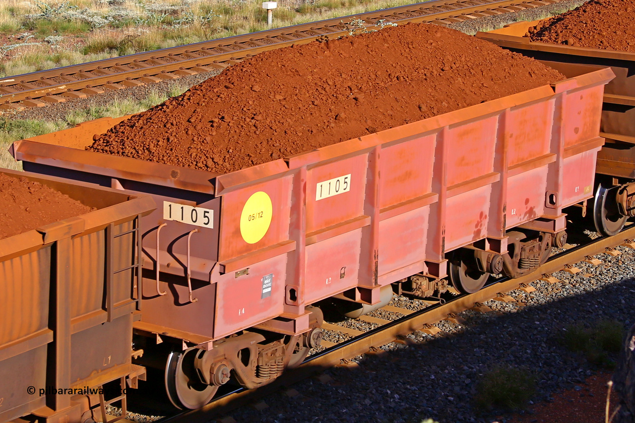 1105 210322 9723
Robe River ore waggon 1105, built by Bradken Rail Qld in May 2012, rotary coupler end non-handbrake side loaded view, at the 17 km on the Cape Lambert line, March 22, 2021.
Keywords: 1105;Bradken-Rail-Qld;Robe-ore-waggon;