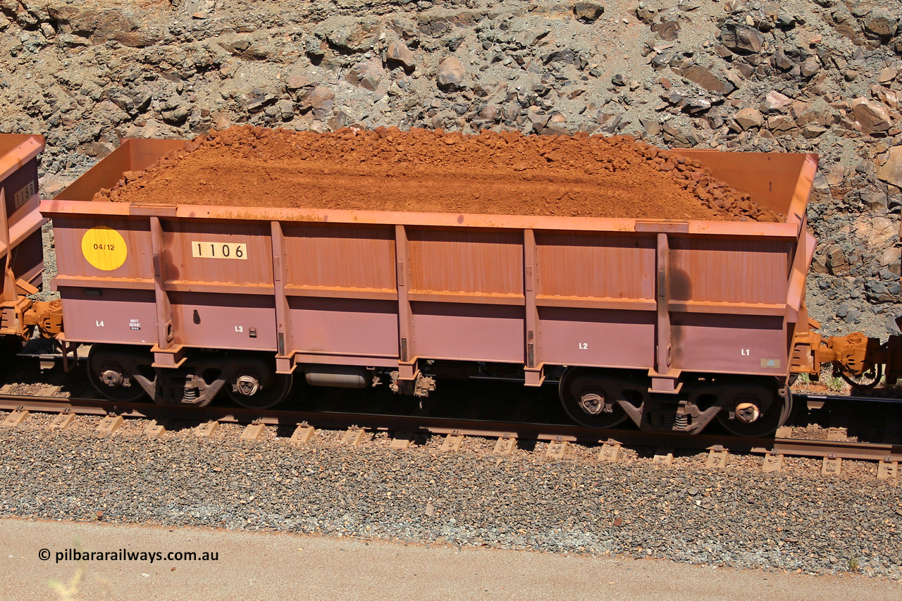 1106 160306 1618
Robe River ore waggon 1106, built by Bradken Rail Qld in April 2012, fixed coupler non-handbrake side loaded view, at the 45 km, Harding Siding on the Cape Lambert line. March 6, 2016.
Keywords: 1106;Bradken-Rail-Qld;Robe-ore-waggon;