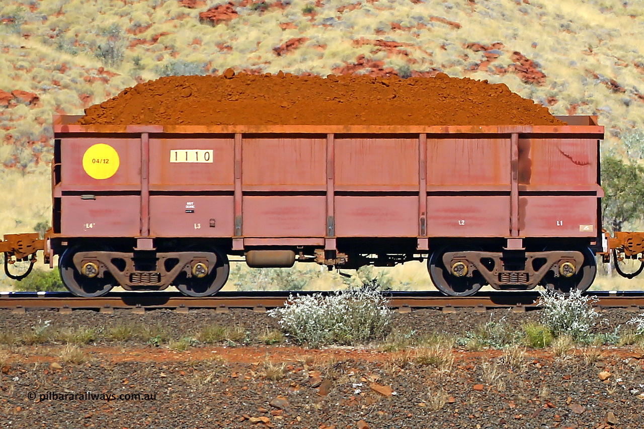 1110 170728 09919
Robe River ore waggon 1110, built by Bradken Rail Qld in April 2012, non-handbrake side loaded view at the 72 km, Western Creek on the Deepdale line. July 28, 2017.
Keywords: 1110;Bradken-Rail-Qld;Robe-ore-waggon;