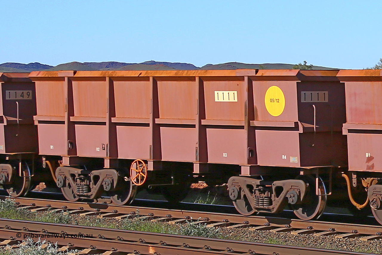 1111 160727 0954
Robe River ore waggon 1111, built by Bradken Rail Qld in May 2012, rotary coupler end handbrake side empty view at Harding Siding on the Cape Lambert line, July 27, 2016.
Keywords: 1111;Bradken-Rail-Qld;Robe-ore-waggon;