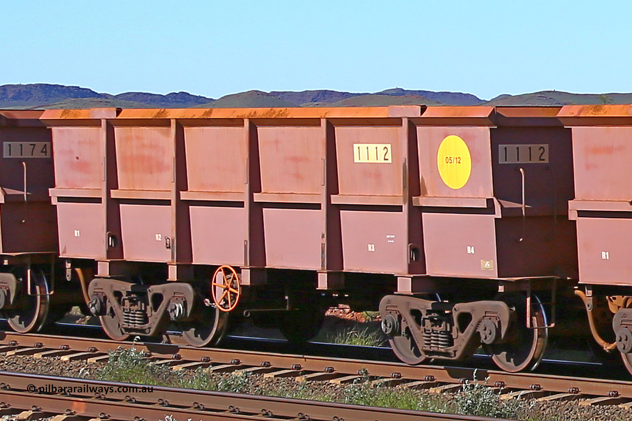 1112 160727 0963
Robe River ore waggon 1112, built by Bradken Rail Qld in May 2012, rotary coupler end handbrake side empty view at Harding Siding on the Cape Lambert line, July 27, 2016.
Keywords: 1112;Bradken-Rail-Qld;Robe-ore-waggon;