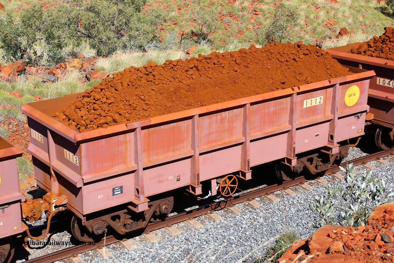 1112 180616 1863
Robe River ore waggon 1112, built by Bradken Rail Qld in May 2012, fixed coupler handbrake side loaded view at Maitland Siding on the Deepdale line, June 16, 2018.
Keywords: 1112;Bradken-Rail-Qld;Robe-ore-waggon;