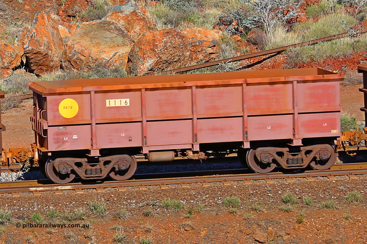 1116 180616 1732
Robe River ore waggon 1116, built by Bradken Rail Qld in March 2012, rotary coupler end non-handbrake side empty view, at the 38 km, Harding on the Cape Lambert line, June 16, 2018.
Keywords: 1116;Bradken-Rail-Qld;Robe-ore-waggon;
