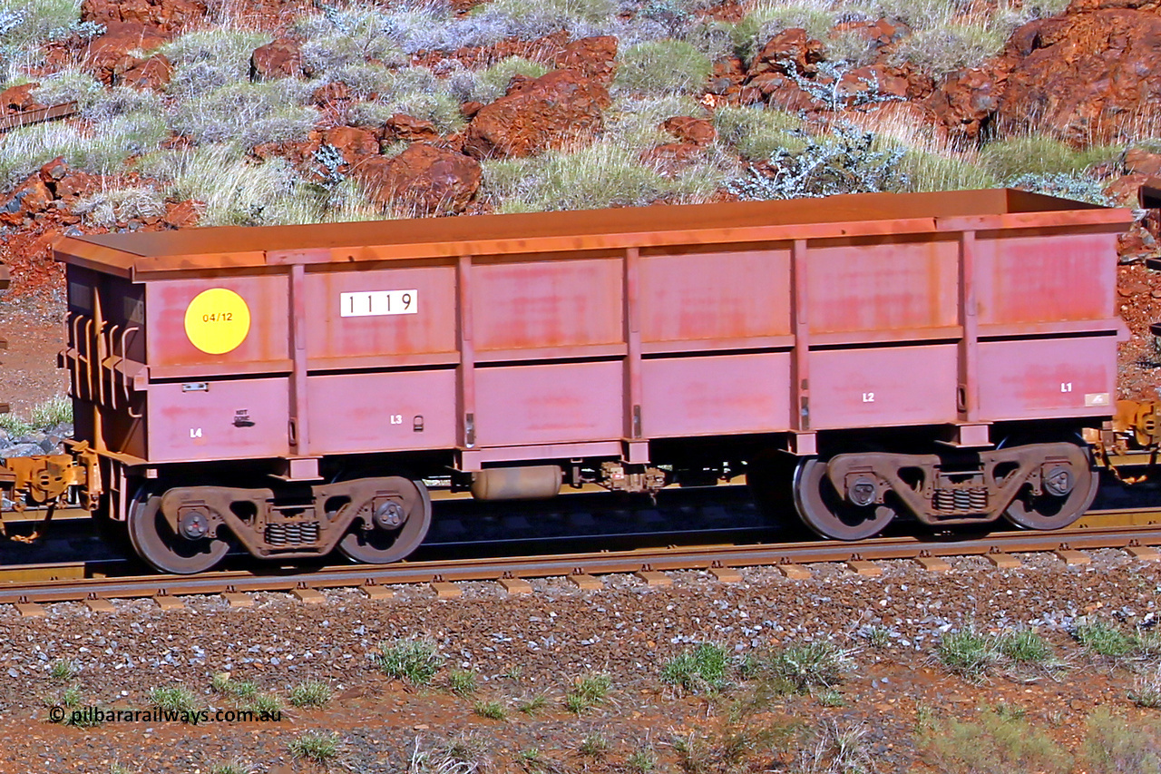 1119 180616 1720
Robe River ore waggon 1119, built by Bradken Rail Qld in April 2012, rotary coupler end non-handbrake side empty view, at the 38 km, Harding on the Cape Lambert line, June 16, 2018.
Keywords: 1119;Bradken-Rail-Qld;Robe-ore-waggon;