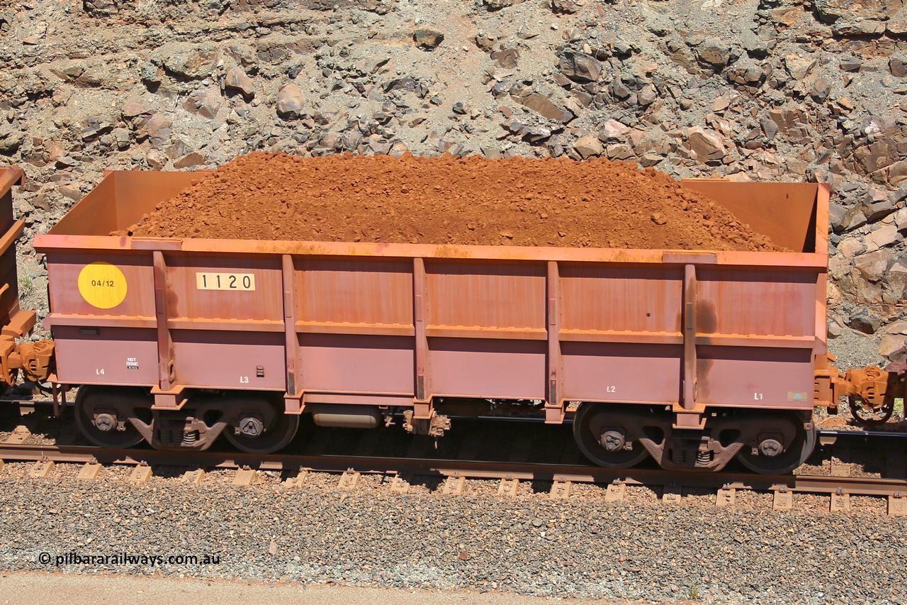 1120 160306 1563
Robe River ore waggon 1120, built by Bradken Rail Qld in April 2012, fixed coupler non-handbrake side loaded view, at the 45 km, Harding Siding on the Cape Lambert line. March 6, 2016.
Keywords: 1120;Bradken-Rail-Qld;Robe-ore-waggon;