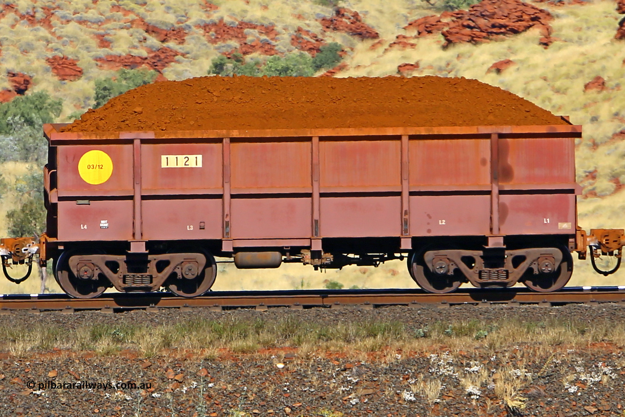 1121 170728 09924
Robe River ore waggon 1121, built by Bradken Rail Qld in March 2012, non-handbrake side loaded view at the 72 km, Western Creek on the Deepdale line. July 28, 2017.
Keywords: 1121;Bradken-Rail-Qld;Robe-ore-waggon;