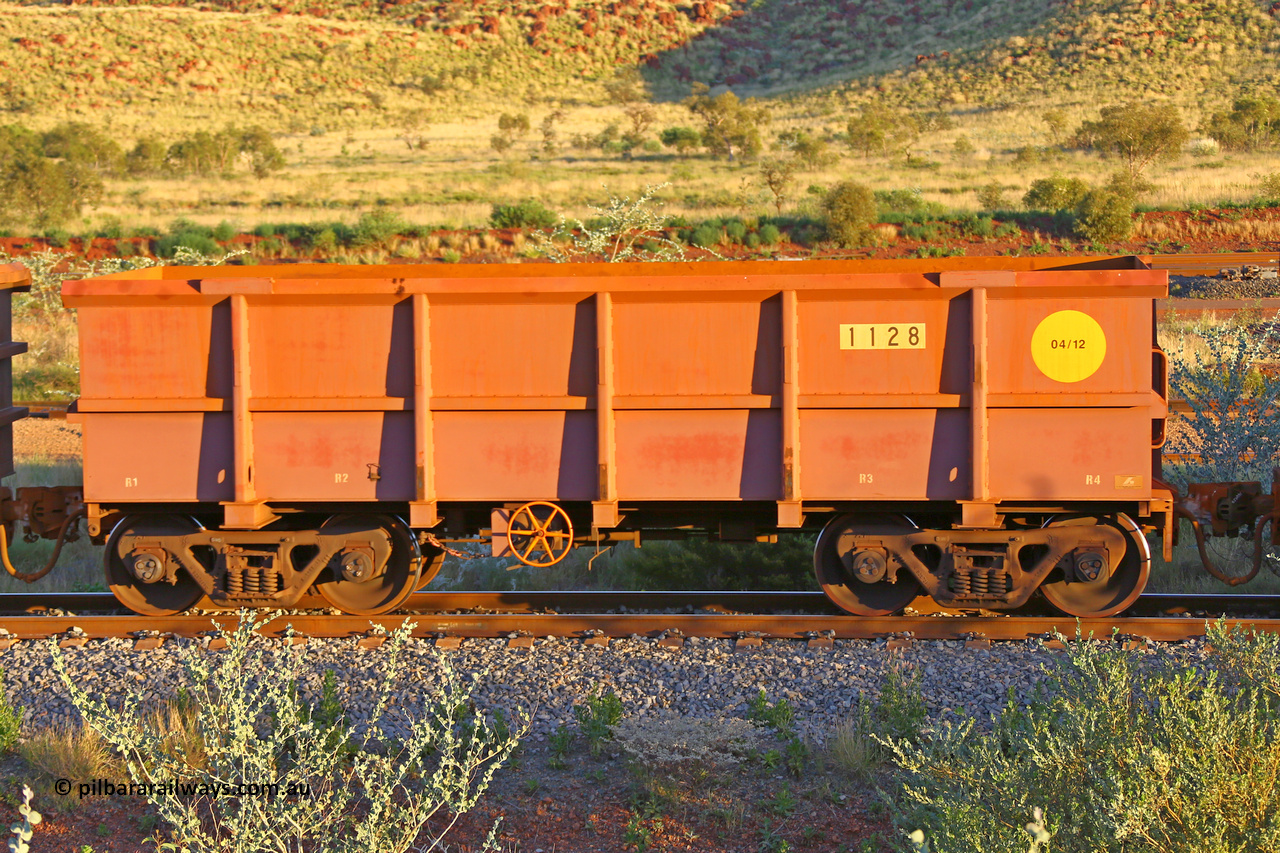 1128 170513 8766
Robe River ore waggon 1128, built by Bradken Rail Qld in March 2012, handbrake side loaded view, Cape Lambert yard, May 13, 2017.
Keywords: 1128;Bradken-Rail-Qld;Robe-ore-waggon;