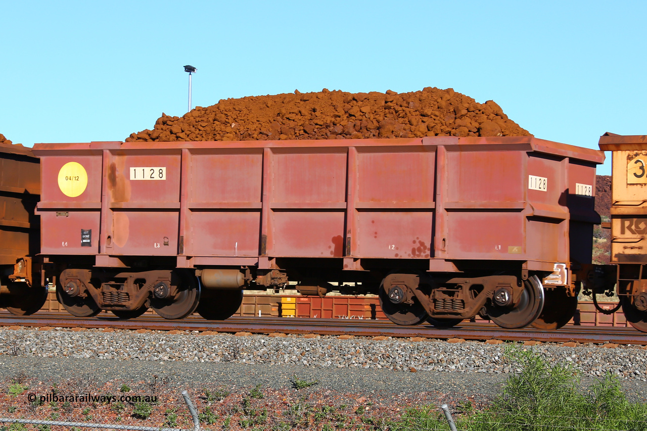 1128 210322 9391
Robe River ore waggon 1128, built by Bradken Rail Qld in March 2012, fixed coupler non-handbrake side loaded view at Cape Lambert yard, March 22, 2021.
Keywords: 1128;Bradken-Rail-Qld;Robe-ore-waggon;