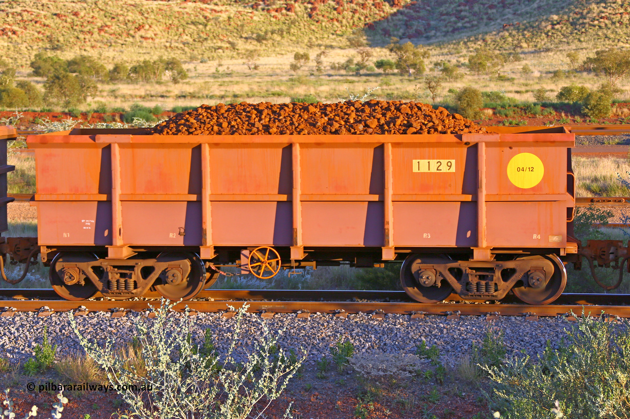 1129 170513 8751
Robe River ore waggon 1129, built by Bradken Rail Qld in April 2012, handbrake side loaded view, Cape Lambert yard, May 13, 2017.
Keywords: 1129;Bradken-Rail-Qld;Robe-ore-waggon;