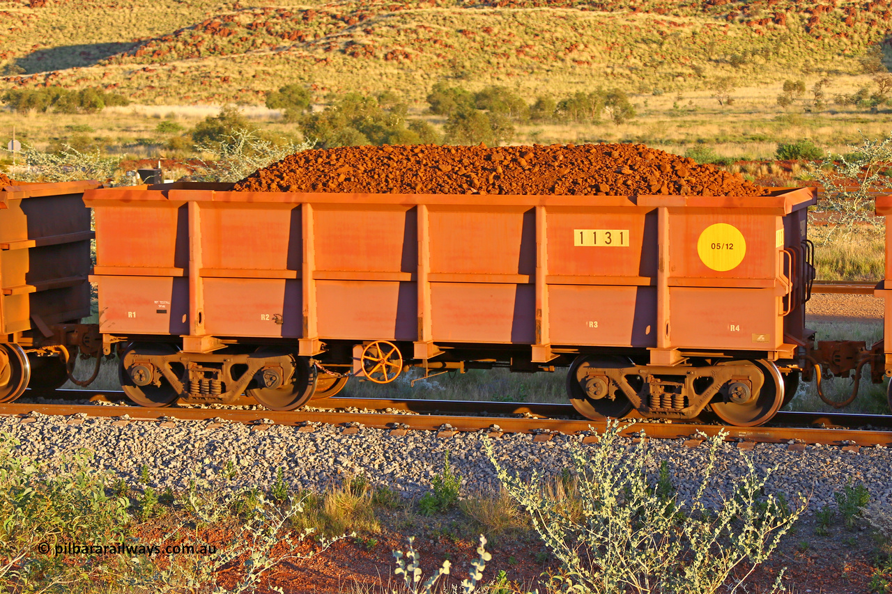 1131 170513 8649
Robe River ore waggon 1128, built by Bradken Rail Qld in May 2012, handbrake side loaded view, Cape Lambert yard, May 13, 2017.
Keywords: 1131;Bradken-Rail-Qld;Robe-ore-waggon;