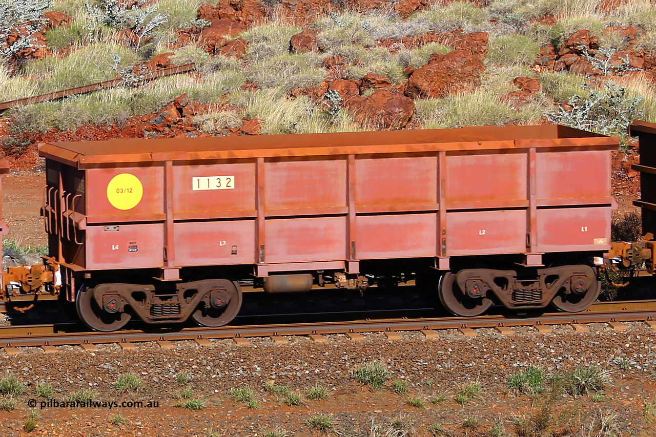1132 180616 1692
Robe River ore waggon 1132, built by Bradken Rail Qld in March 2012, rotary coupler end non-handbrake side empty view, at the 38 km, Harding on the Cape Lambert line, June 16, 2018.
Keywords: 1132;Bradken-Rail-Qld;Robe-ore-waggon;