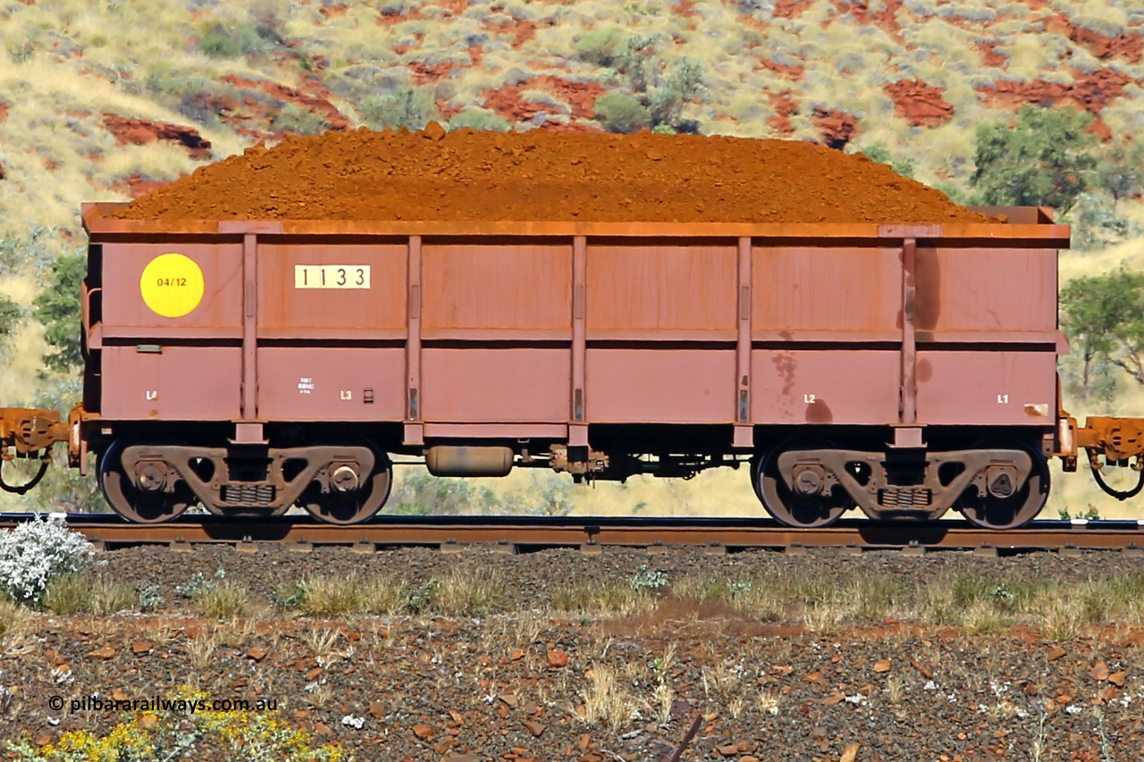 1133 170728 09948
Robe River ore waggon 1133, built by Bradken Rail Qld in April 2012, non-handbrake side loaded view at the 72 km, Western Creek on the Deepdale line. July 28, 2017.
Keywords: 1133;Bradken-Rail-Qld;Robe-ore-waggon;
