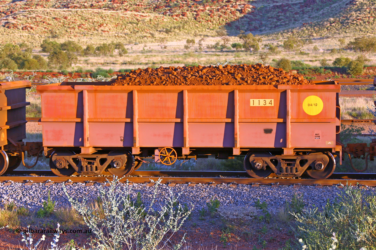 1134 170513 8735
Robe River ore waggon 1134, built by Bradken Rail Qld in April 2012, handbrake side loaded view, Cape Lambert yard, May 13, 2017.
Keywords: 1134;Bradken-Rail-Qld;Robe-ore-waggon;