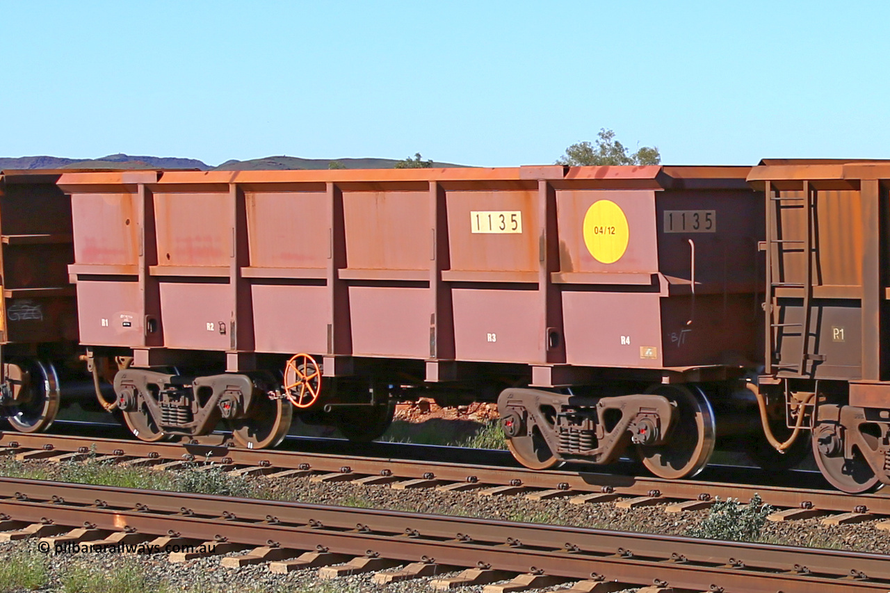 1135 160727 0989
Robe River ore waggon 1135, built by Bradken Rail Qld in April 2012, rotary coupler end handbrake side empty view at Harding Siding on the Cape Lambert line, July 27, 2016.
Keywords: 1135;Bradken-Rail-Qld;Robe-ore-waggon;