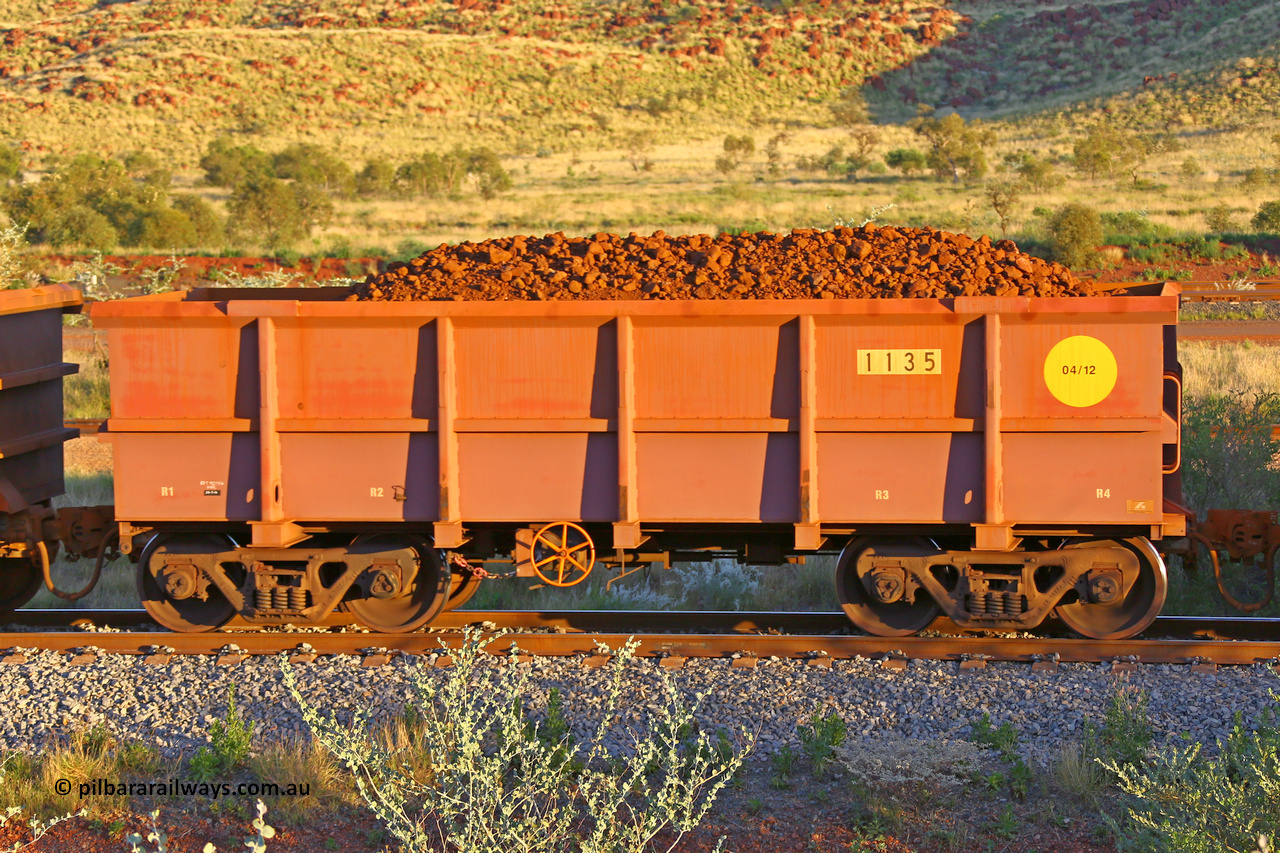 1135 170513 8727
Robe River ore waggon 1135, built by Bradken Rail Qld in April 2012, handbrake side loaded view, Cape Lambert yard, May 13, 2017.
Keywords: 1135;Bradken-Rail-Qld;Robe-ore-waggon;