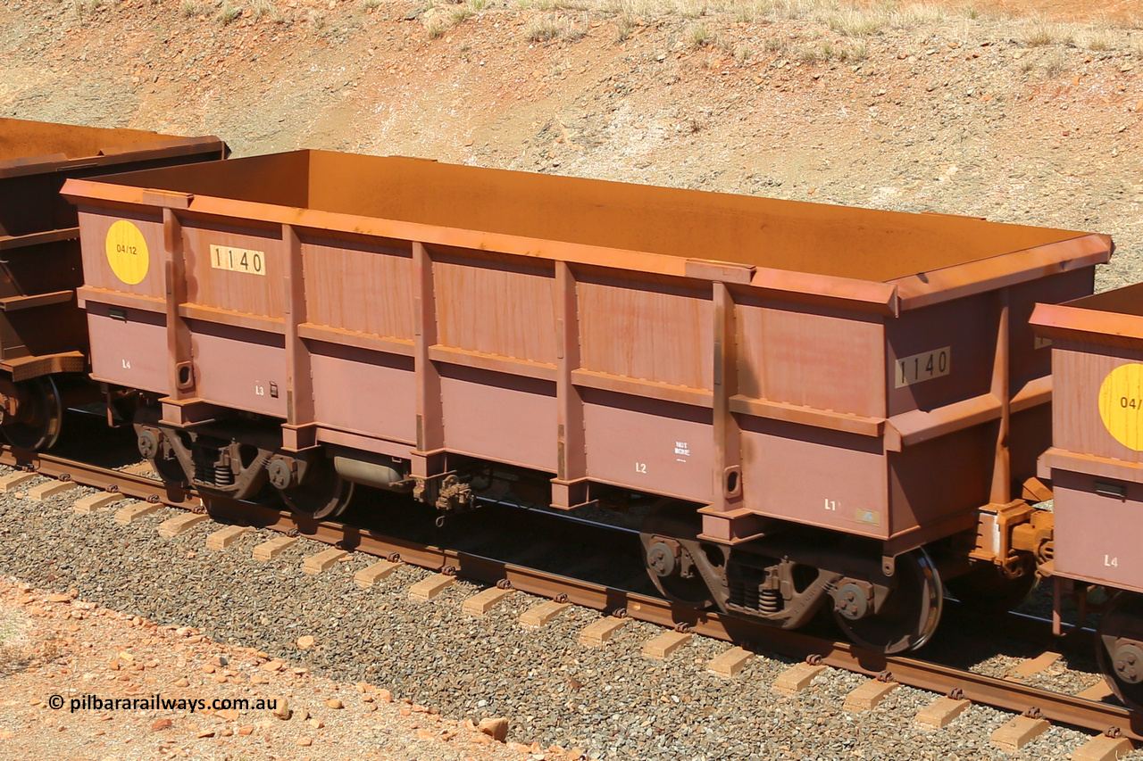 1140 160306 1268
Robe River ore waggon 1140, built by Bradken Rail Qld in April 2012, fixed coupler non-handbrake side empty view at Greenpool on the Cape Lambert line. March 6, 2016.
Keywords: 1140;Bradken-Rail-Qld;Robe-ore-waggon;