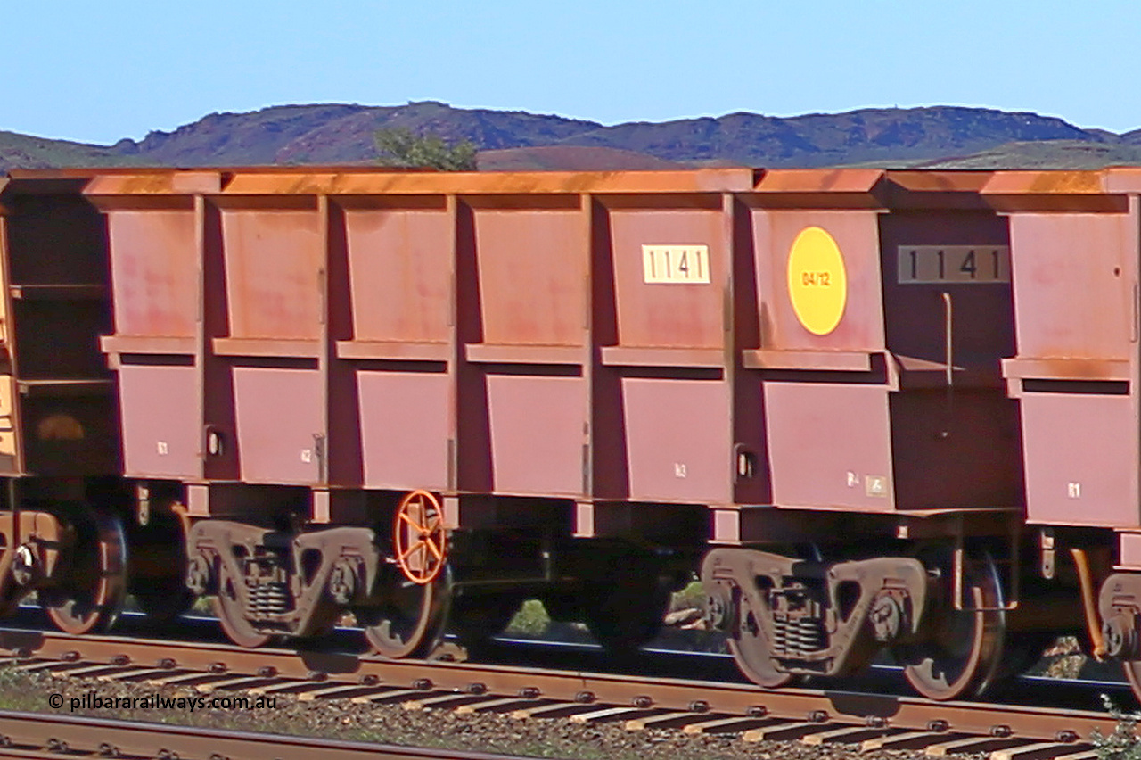 1141 160727 0957
Robe River ore waggon 1141, built by Bradken Rail Qld in April 2012, rotary coupler end handbrake side empty view at Harding Siding on the Cape Lambert line, July 27, 2016.
Keywords: 1141;Bradken-Rail-Qld;Robe-ore-waggon;