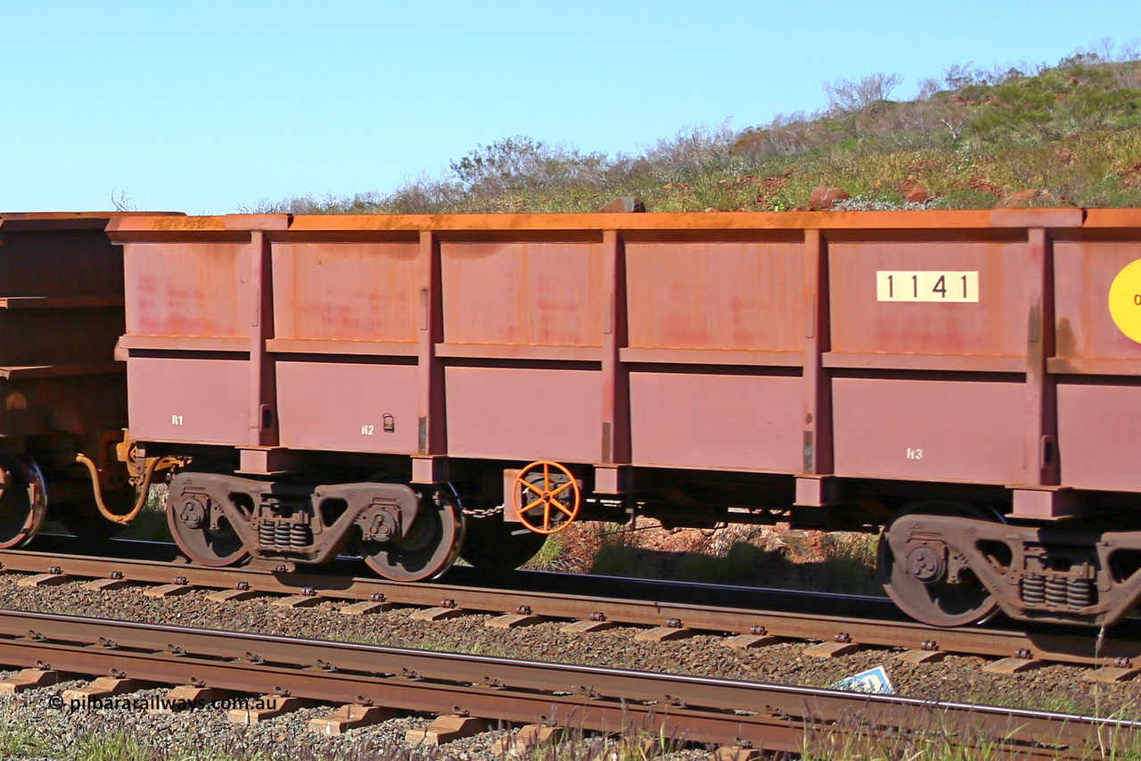 1141 160727 0958
Robe River ore waggon 1141, built by Bradken Rail Qld in April 2012, rotary coupler end handbrake side empty partial view at Harding Siding on the Cape Lambert line, July 27, 2016.
Keywords: 1141;Bradken-Rail-Qld;Robe-ore-waggon;