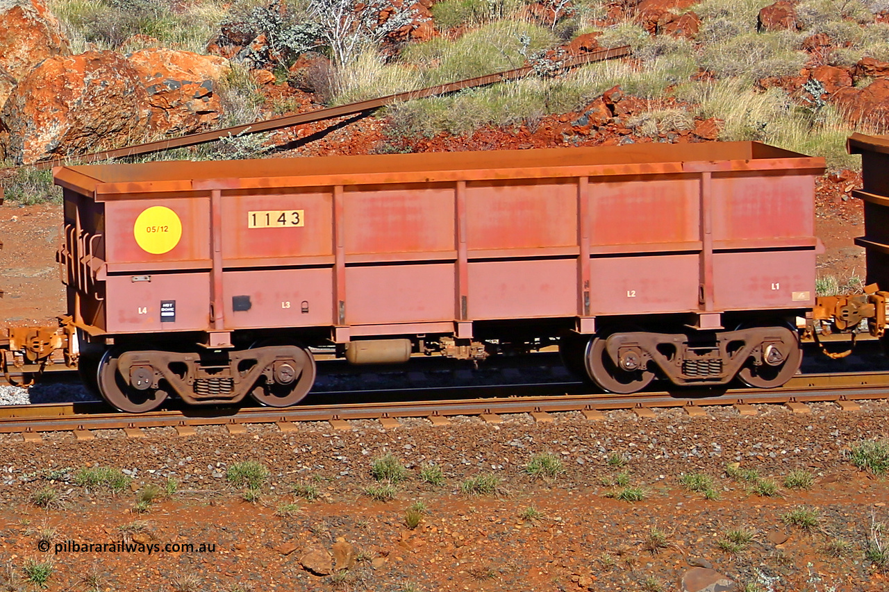 1143 180616 1736
Robe River ore waggon 1143, built by Bradken Rail Qld in May 2012, rotary coupler end non-handbrake side empty view, at the 38 km, Harding on the Cape Lambert line, June 16, 2018.
Keywords: 1143;Bradken-Rail-Qld;Robe-ore-waggon;