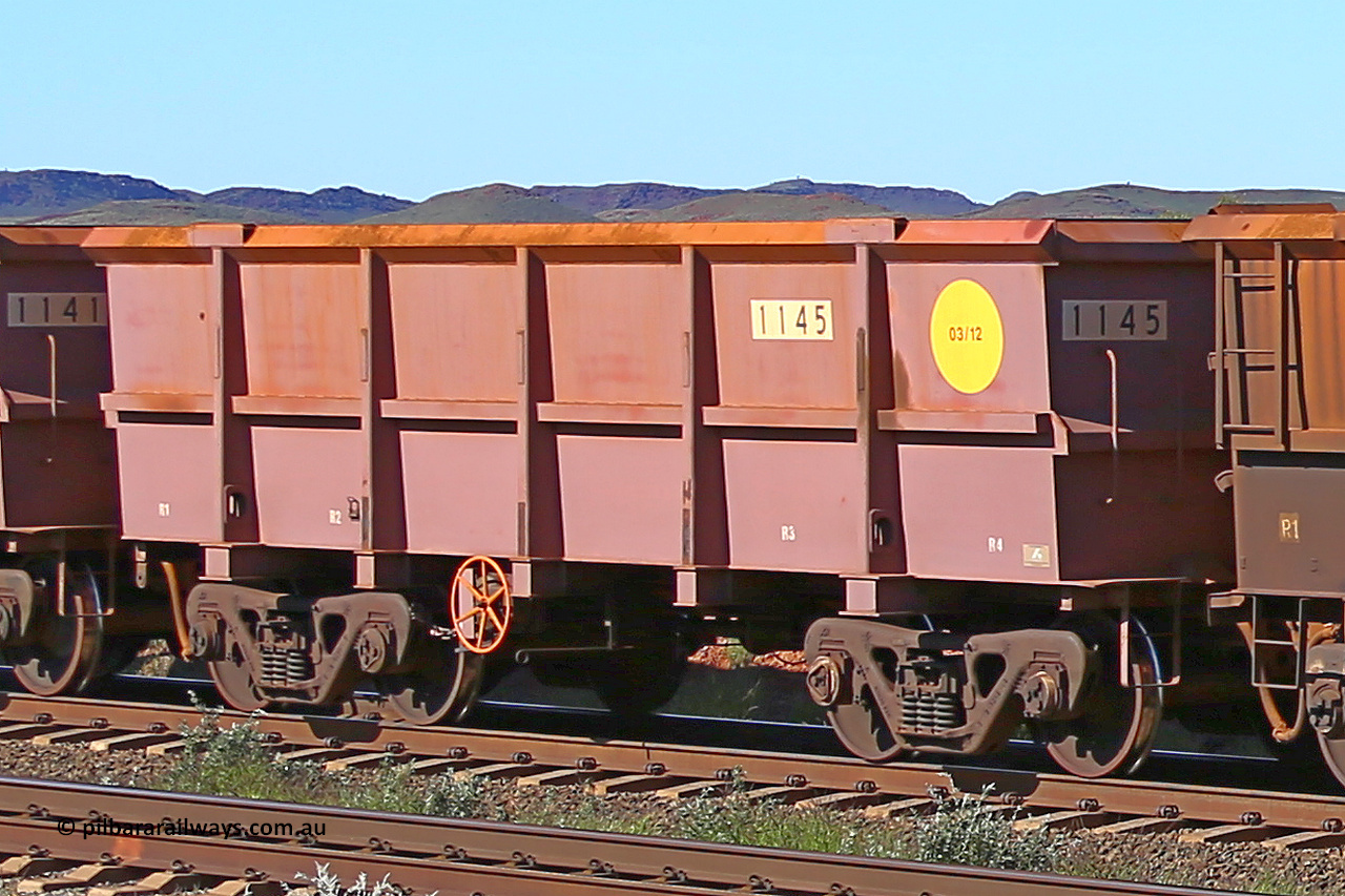 1145 160727 0957
Robe River ore waggon 1145, built by Bradken Rail Qld in March 2012, rotary coupler end handbrake side empty view at Harding Siding on the Cape Lambert line, July 27, 2016.
Keywords: 1145;Bradken-Rail-Qld;Robe-ore-waggon;