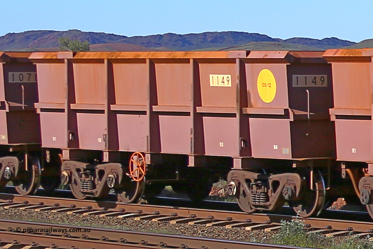 1149 160727 0954
Robe River ore waggon 1149, built by Bradken Rail Qld in May 2012, rotary coupler end handbrake side empty view at Harding Siding on the Cape Lambert line, July 27, 2016.
Keywords: 1149;Bradken-Rail-Qld;Robe-ore-waggon;