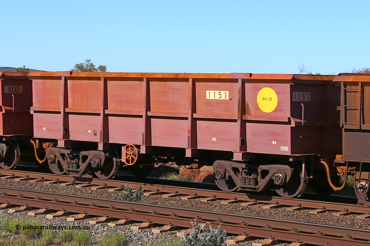 1151 160727 0949
Robe River ore waggon 1151, built by Bradken Rail Qld in April 2012, rotary coupler end handbrake side empty view at Harding Siding on the Cape Lambert line, July 27, 2016.
Keywords: 1151;Bradken-Rail-Qld;Robe-ore-waggon;