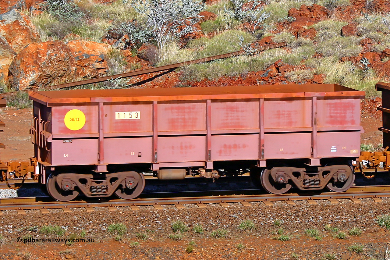 1153 180616 1695
Robe River ore waggon 1153, built by Bradken Rail Qld in May 2012, rotary coupler end non-handbrake side empty view, at the 38 km, Harding on the Cape Lambert line, June 16, 2018.
Keywords: 1153;Bradken-Rail-Qld;Robe-ore-waggon;