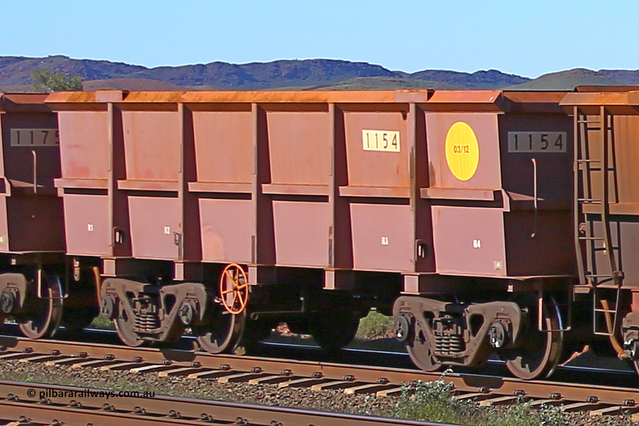 1154 160727 0955
Robe River ore waggon 1154, built by Bradken Rail Qld in March 2012, rotary coupler end handbrake side empty view at Harding Siding on the Cape Lambert line, July 27, 2016.
Keywords: 1154;Bradken-Rail-Qld;Robe-ore-waggon;